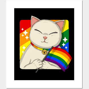 Cute Cat Holding LGBTQ Pride Flag Posters and Art